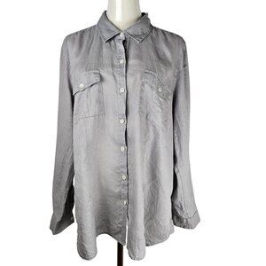 J. Jill Love Linen Large Petite Shirt Gray Long Sleeve Button-Down Neutral